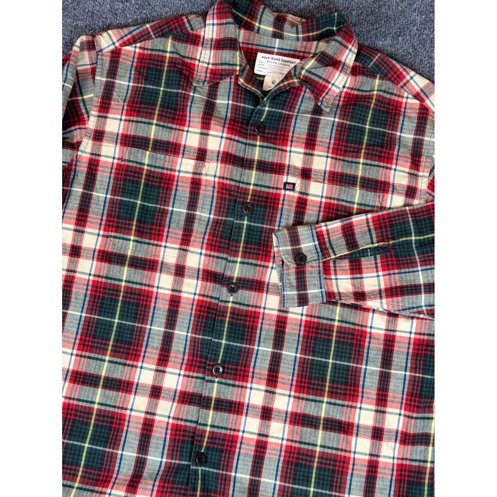 Polo Jeans Co Ralph Lauren Plaid Flannel Shirt Mens Medium Red Green Vintage